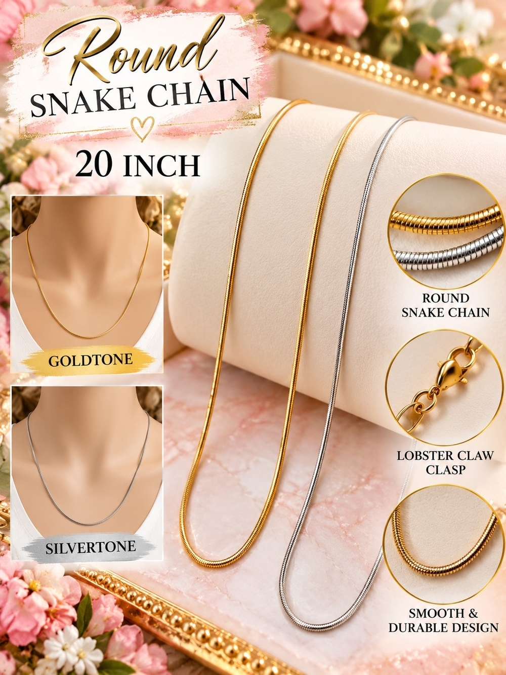 Round Snake Chain Necklace - Goldtone and Silvertone, 20 Inch